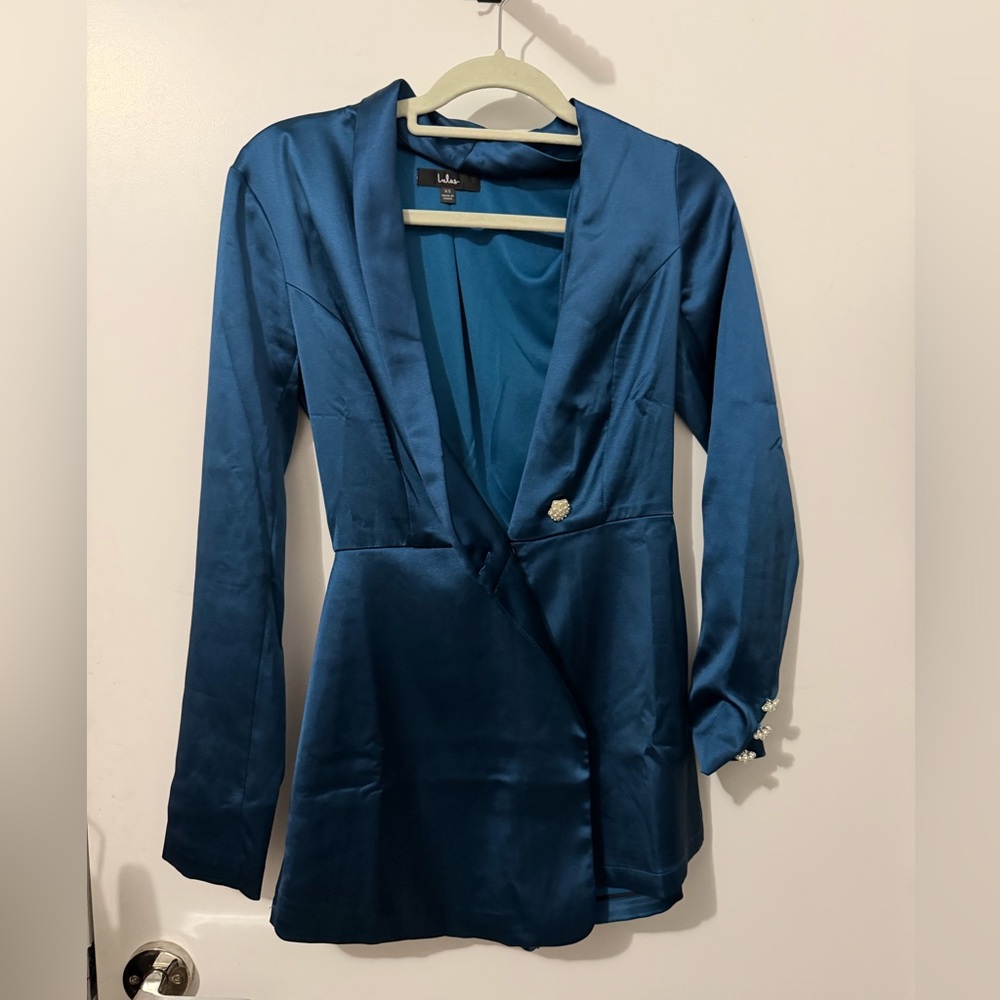 Lulus Regal Aura Teal Blue Satin Long Sleeve Blazer Romper - Size XS - Picture 6 of 9